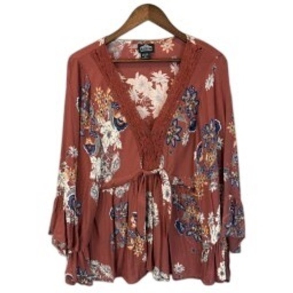 Angie Rust Floral Boho Bell Sleeve Ruffled‎ Peasant Blouse size Medium